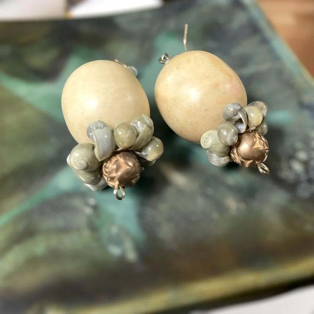 Handmade drop earrings with shells, beads and stone